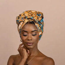 Load image into Gallery viewer, Easy headwrap - Satin lined hair bonnet - Brown / blue
