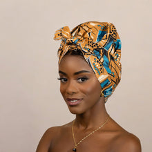 Load image into Gallery viewer, Easy headwrap - Satin lined hair bonnet - Brown / blue
