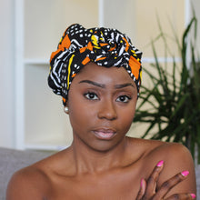 Load image into Gallery viewer, Easy headwrap - Satin lined hair bonnet - Yellow / orange Uyiosa
