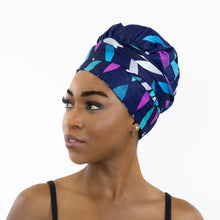 Load image into Gallery viewer, Easy headwrap - Satin lined hair bonnet - Blue / pink sunburst
