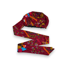Load image into Gallery viewer, Easy headwrap - Satin lined hair bonnet - Dark Red &amp; Yellow Botanical Flow
