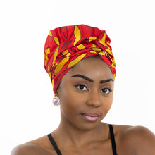 Load image into Gallery viewer, Easy headwrap - Satin lined hair bonnet - Red / yellow sunburst
