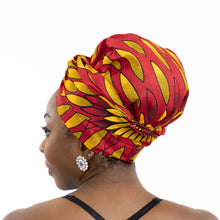 Load image into Gallery viewer, Easy headwrap - Satin lined hair bonnet - Red / yellow sunburst
