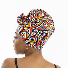 Load image into Gallery viewer, Easy headwrap - Satin lined hair bonnet - Red / orange Bogolan
