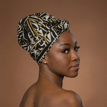 Load image into Gallery viewer, Easy headwrap - Satin lined hair bonnet - Black Yellow Ndop Cameroon
