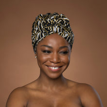 Load image into Gallery viewer, Easy headwrap - Satin lined hair bonnet - Black Yellow Ndop Cameroon
