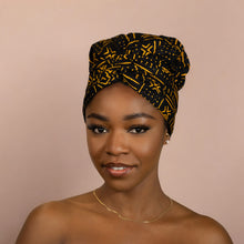 Load image into Gallery viewer, Easy headwrap - Satin lined hair bonnet - Black / yellow Bogolan
