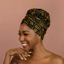 Load image into Gallery viewer, Easy headwrap - Satin lined hair bonnet - Black / yellow Bogolan
