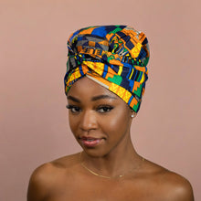 Load image into Gallery viewer, Easy headwrap - Satin lined hair bonnet - Kente Yellow 2
