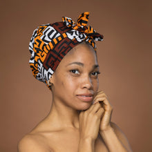 Load image into Gallery viewer, Easy headwrap - Satin lined hair bonnet - Brown &amp; Yellow-Orange Kuba Blocks
