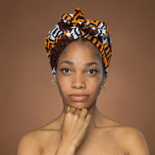 Load image into Gallery viewer, Easy headwrap - Satin lined hair bonnet - Brown &amp; Yellow-Orange Kuba Blocks

