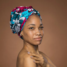 Load image into Gallery viewer, Easy headwrap - Satin lined hair bonnet - Pink &amp; Teal Flowers
