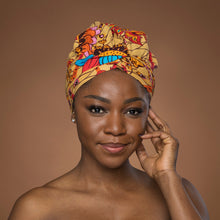 Load image into Gallery viewer, Easy headwrap - Satin lined hair bonnet - Beige &amp; Orange Botanical Flow
