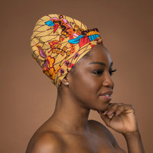 Load image into Gallery viewer, Easy headwrap - Satin lined hair bonnet - Beige &amp; Orange Botanical Flow
