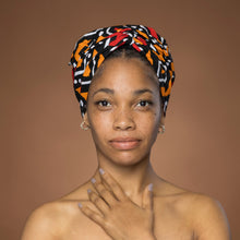 Load image into Gallery viewer, Easy headwrap - Satin lined hair bonnet - Red &amp; Orange Bogolan
