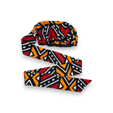 Load image into Gallery viewer, Easy headwrap - Satin lined hair bonnet - Red &amp; Orange Bogolan
