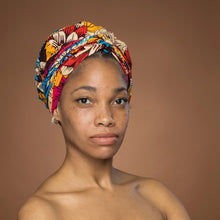 Load image into Gallery viewer, Easy headwrap - Satin lined hair bonnet - Red &amp; Blue Flowers
