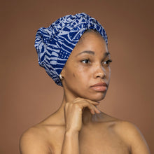 Load image into Gallery viewer, Easy headwrap - Satin lined hair bonnet - Blue Ndop Cameroon
