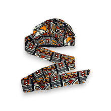 Load image into Gallery viewer, Easy headwrap - Satin lined hair bonnet -  Red &amp; Orange Bogolan Symbols
