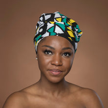 Load image into Gallery viewer, Easy headwrap - Satin lined hair bonnet - Turquoise Yellow Samakaka / Samacaca
