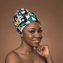 Load image into Gallery viewer, Easy headwrap - Satin lined hair bonnet - Turquoise Yellow Samakaka / Samacaca
