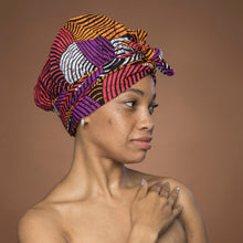 Load image into Gallery viewer, Easy headwrap - Satin lined hair bonnet - Orange &amp; Purple Concentric
