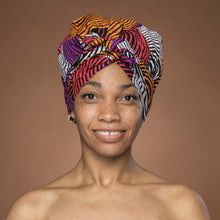 Load image into Gallery viewer, Easy headwrap - Satin lined hair bonnet - Orange &amp; Purple Concentric
