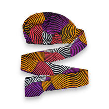 Load image into Gallery viewer, Easy headwrap - Satin lined hair bonnet - Orange &amp; Purple Concentric
