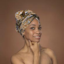 Load image into Gallery viewer, Easy headwrap - Satin lined hair bonnet - Khaki Bogolan Mosaic
