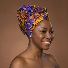 Load image into Gallery viewer, Easy headwrap - Satin lined hair bonnet - Yellow &amp; Purple Flowers
