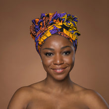 Load image into Gallery viewer, Easy headwrap - Satin lined hair bonnet - Yellow &amp; Purple Flowers
