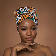 Load image into Gallery viewer, Easy headwrap - Satin lined hair bonnet - Teal Yellow Kuba Blocks Congo
