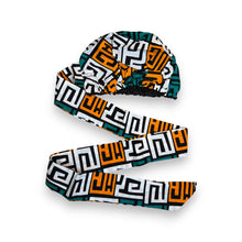 Load image into Gallery viewer, Easy headwrap - Satin lined hair bonnet - Teal Yellow Kuba Blocks Congo
