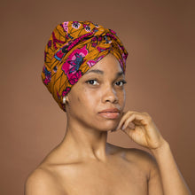 Load image into Gallery viewer, Easy headwrap - Satin lined hair bonnet - Mustard &amp; Pink
