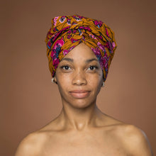 Load image into Gallery viewer, Easy headwrap - Satin lined hair bonnet - Mustard &amp; Pink
