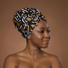 Load image into Gallery viewer, Easy headwrap - Satin lined hair bonnet - Brown &amp; Beige Bogolan
