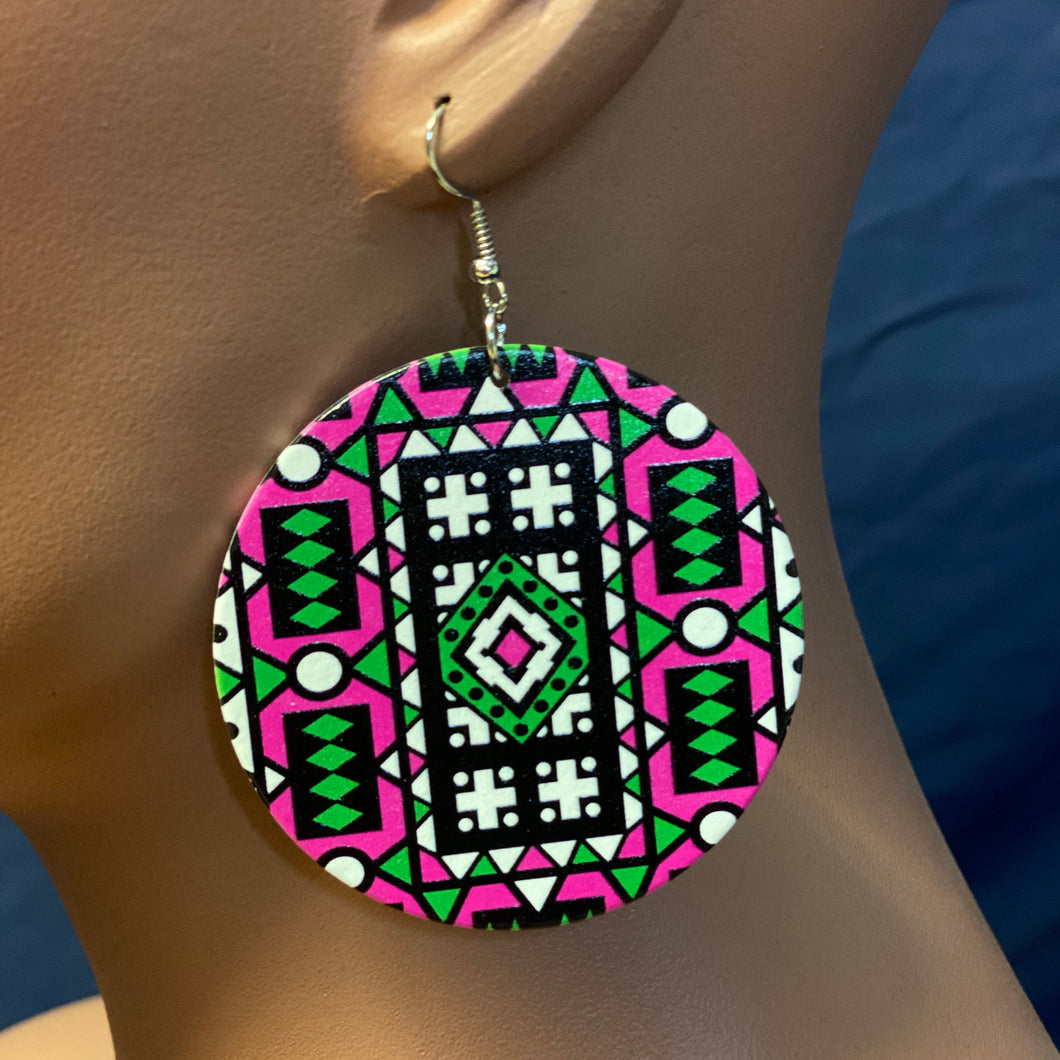 Pink Green Samakaka print Earrings - African Samacaca drop earrings