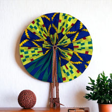 Charger l&#39;image dans la galerie, African Hand fan - Ankara print Hand fan - Abena - Blue / yellow kente
