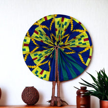 Load image into Gallery viewer, African Hand fan - Ankara print Hand fan - Abena - Blue / yellow kente
