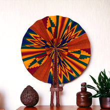 Load image into Gallery viewer, African Hand fan - Ankara print Hand fan - Afua - Blue / orange kente
