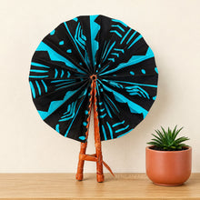Load image into Gallery viewer, African Hand fan - Ankara print Hand fan - Black Turquoise Nyamekye
