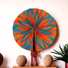 Afbeelding in Gallery-weergave laden, African Hand fan - Ankara print Hand fan - Agyeman - turquoise blue / orange kente
