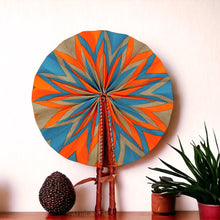 Lade das Bild in den Galerie-Viewer, African Hand fan - Ankara print Hand fan - Agyeman - turquoise blue / orange kente
