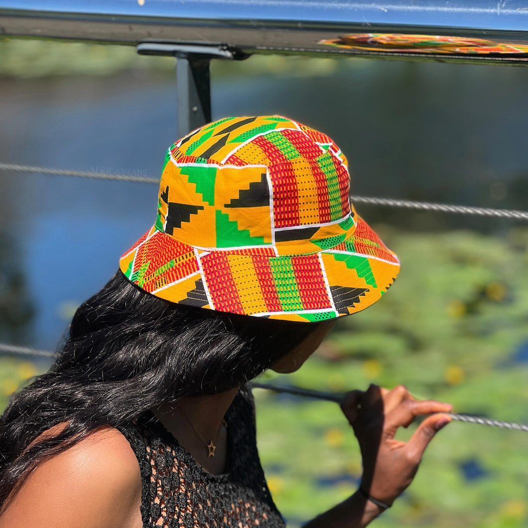 Chapeau bob / Chapeau de pêcheur avec imprimé africain - Kente jaune - Tailles enfants et adultes (Unisexe)