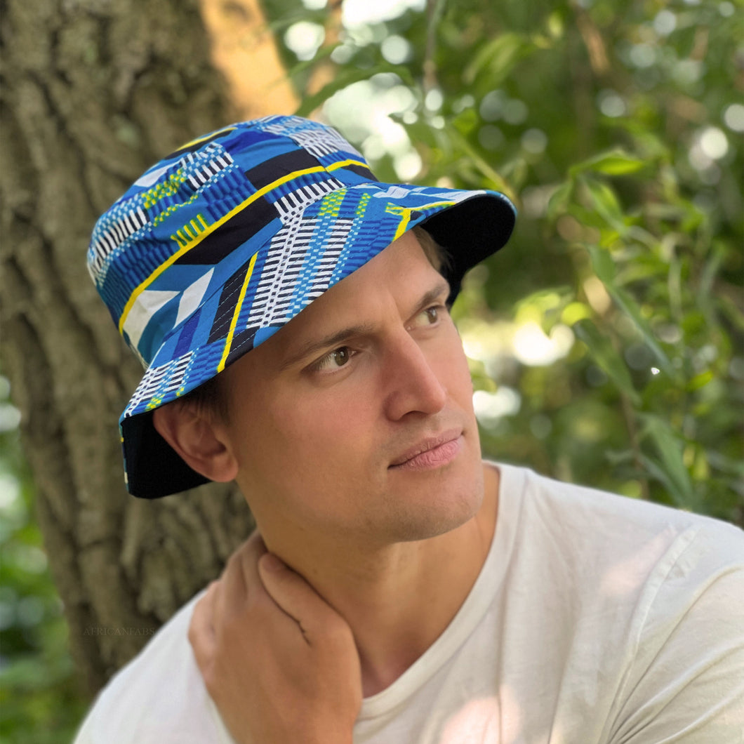 Bob / Chapeau de pêcheur avec imprimé africain - Kente bleu - Tailles enfants et adultes (unisexe)