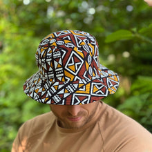 Afbeelding in Gallery-weergave laden, Bucket hat / Vissershoed met Afrikaanse print - Mosterdbruin Bogolan - Kinder- en volwassenenmaten (Unisex)
