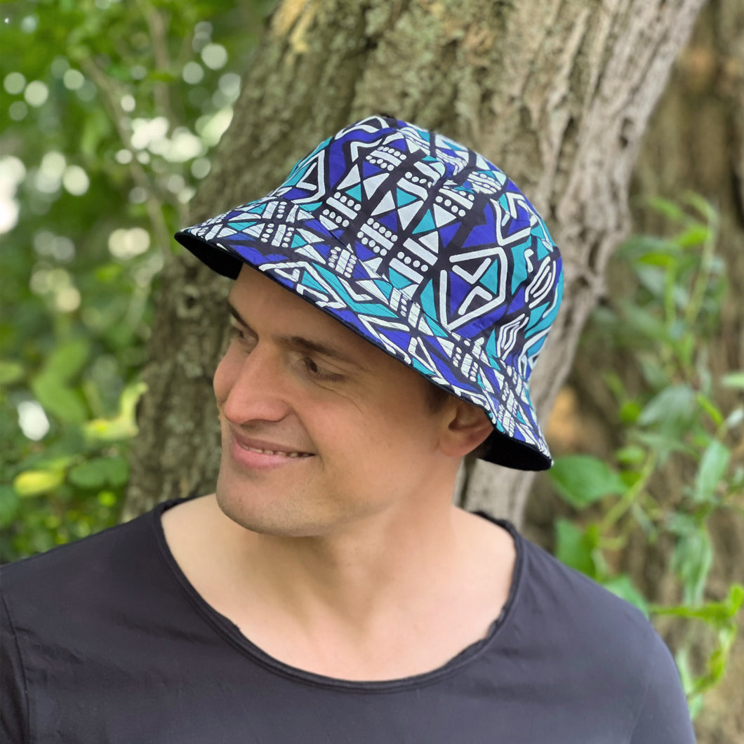 Bucket hat / Vissershoed met Afrikaanse print - Blauwe Bogolan - Kinder- en volwassenenmaten (Unisex)