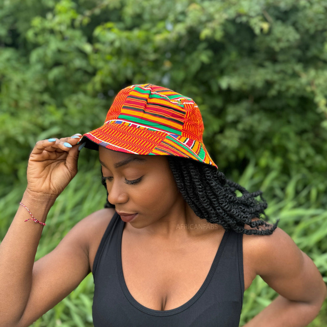 Bucket hat / Vissershoed met Afrikaanse print - Kente rood - Kinder- en volwassenenmaten (Unisex)