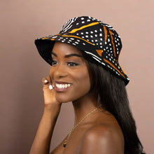 Load image into Gallery viewer, Bucket hat / Fisherman hat with African print - Black / orange Bogolan - Kids &amp; Adults sizes (Unisex)
