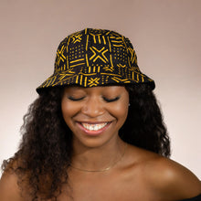 Load image into Gallery viewer, Bucket hat / Fisherman hat with African print - Black / yellow Bogolan - Kids &amp; Adults sizes (Unisex)
